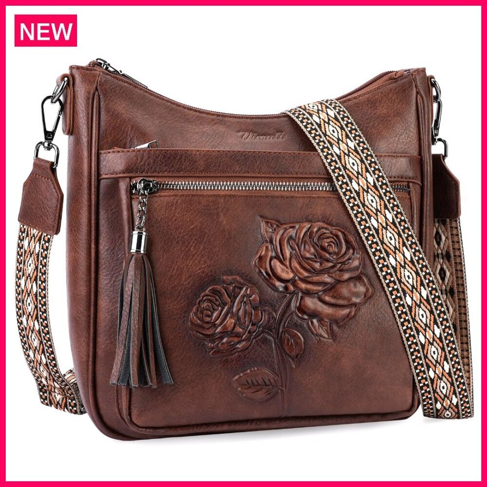 Vegan Leather Hobo Crossbody Bag with Embossed Floral Design, Lightweight